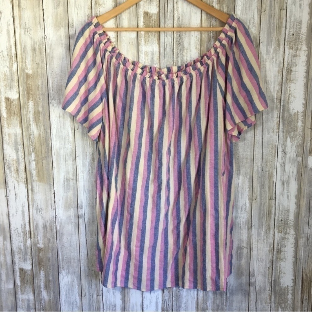 Easel Striped Off The Shoulder Linen Blend Blouse